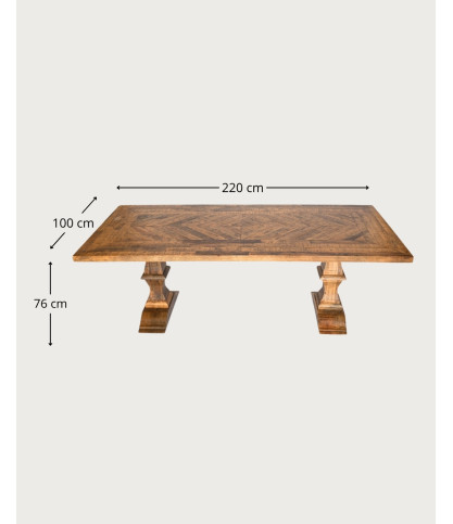 Maestro - Mesa de comedor rectangular de madera de eucalipto, doble pedestal y diseño de espiga
