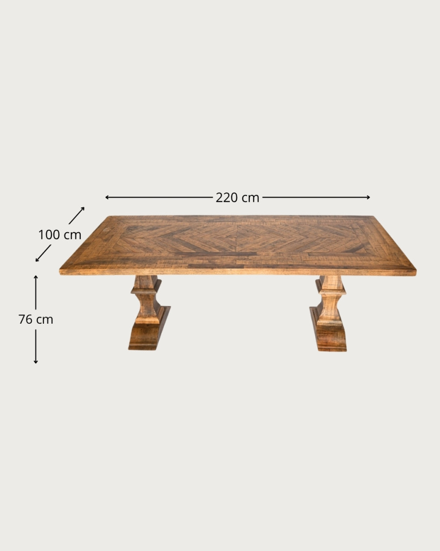 Maestro - Mesa de comedor rectangular de madera de eucalipto, doble pedestal y diseño de espiga