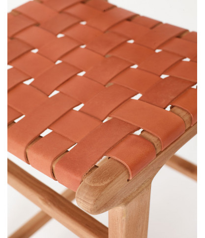 Ambra - Set of 2 Bar Stools in Solid Teak and Brown Braided Cowhide Leather