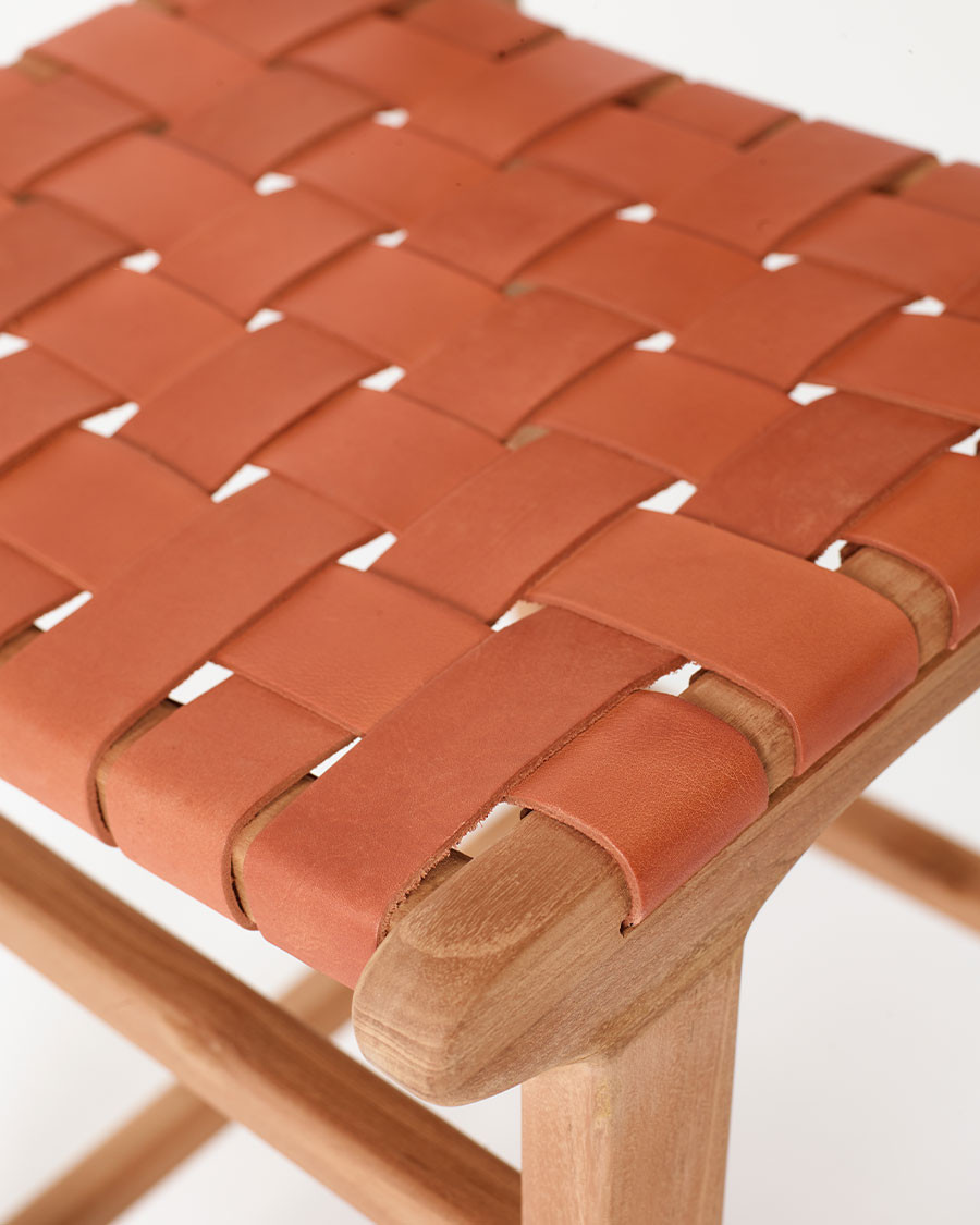 Ambra - Set of 2 Bar chairs in solid teak and brown woven cowhide leather