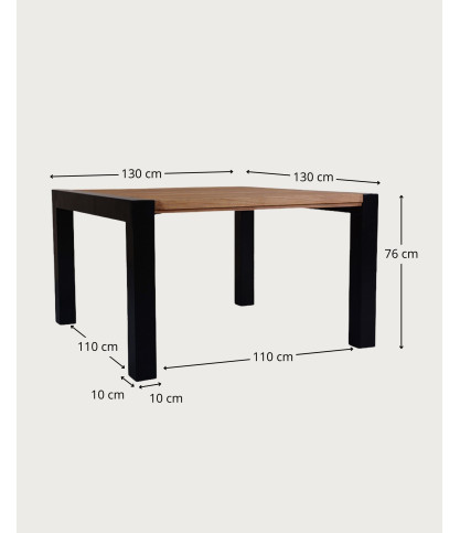 Arche - Mesa de comedor cuadrada de teca maciza y metal, 130 cm de largo, 8 personas.