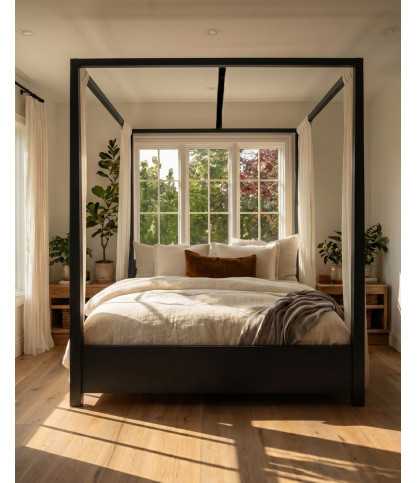 Java - Lit baldaquin en bois massif mindi noir 180 cm