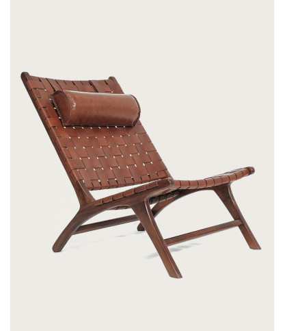 California - Loungefauteuil met hoge rugleuning van teakhout en bruin leer