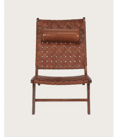 California - Loungefauteuil met hoge rugleuning van teakhout en bruin leer