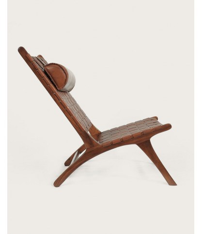 California - Loungefauteuil met hoge rugleuning van teakhout en bruin leer