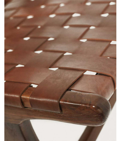 California - Loungefauteuil met hoge rugleuning van teakhout en bruin leer