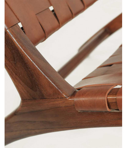 California - Loungefauteuil met hoge rugleuning van teakhout en bruin leer