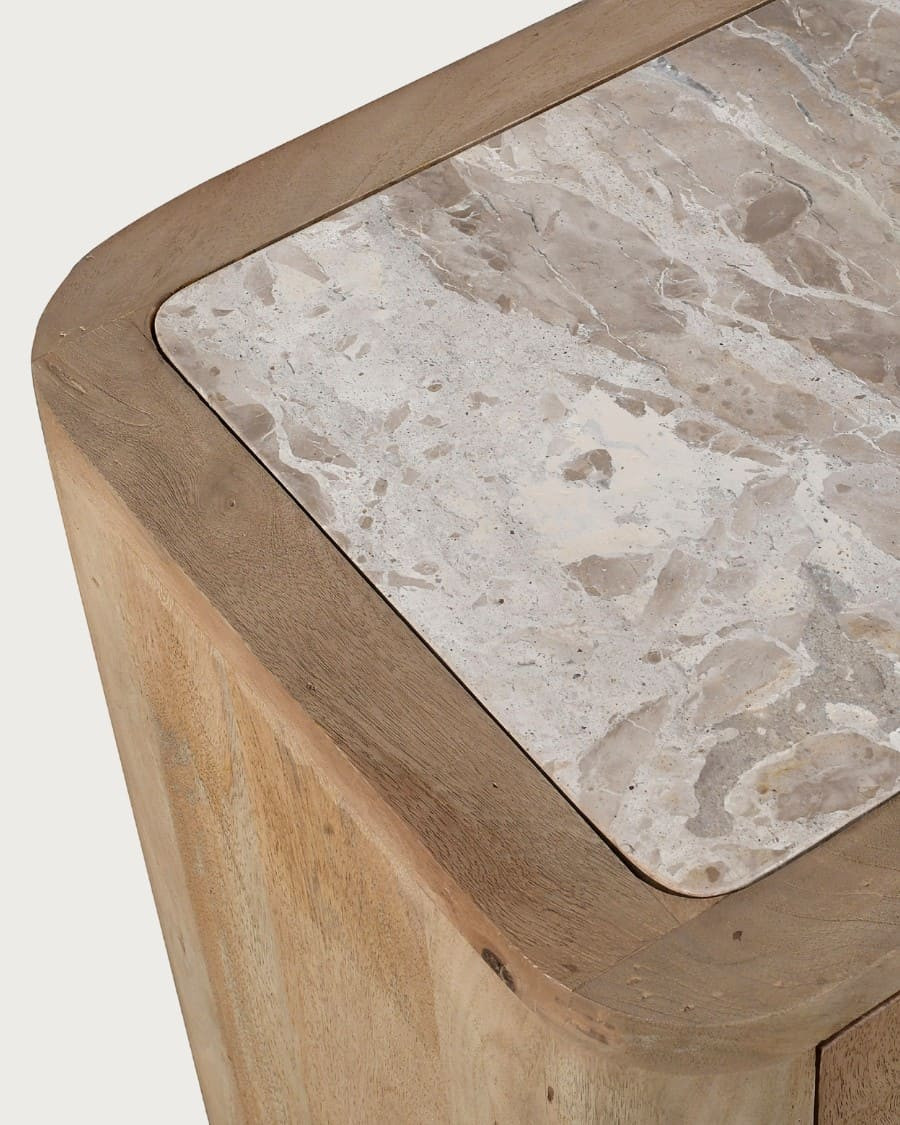 Aven - Low sideboard in solid mango wood and travertine