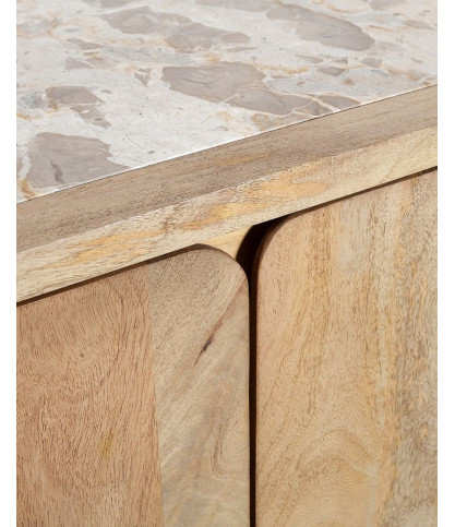 Aven - Aparador bajo de madera maciza de mango y travertino