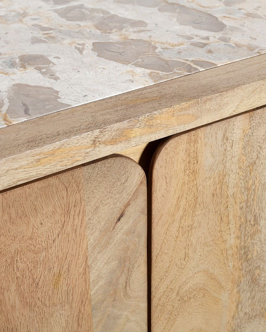 Aven - Low sideboard in solid mango wood and travertine