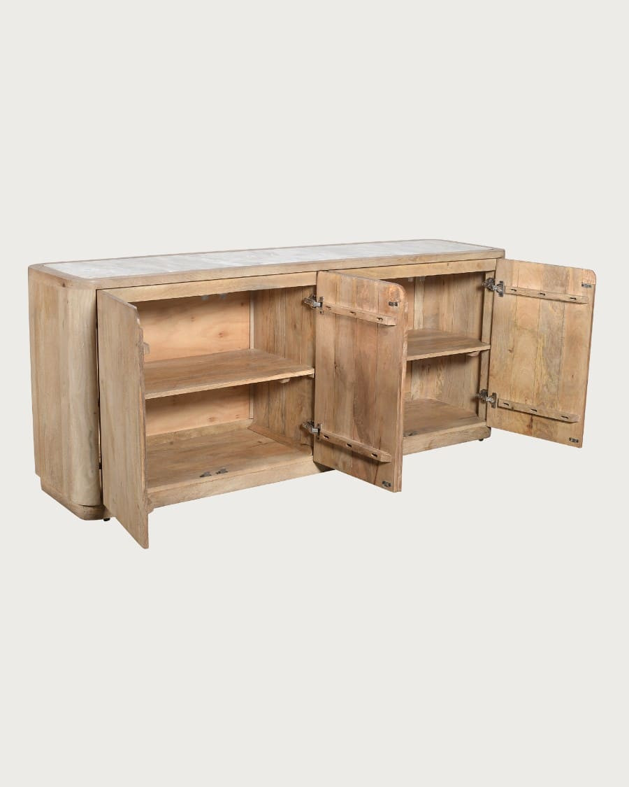 Aven - Buffet bas en bois de manguier massif et travertin