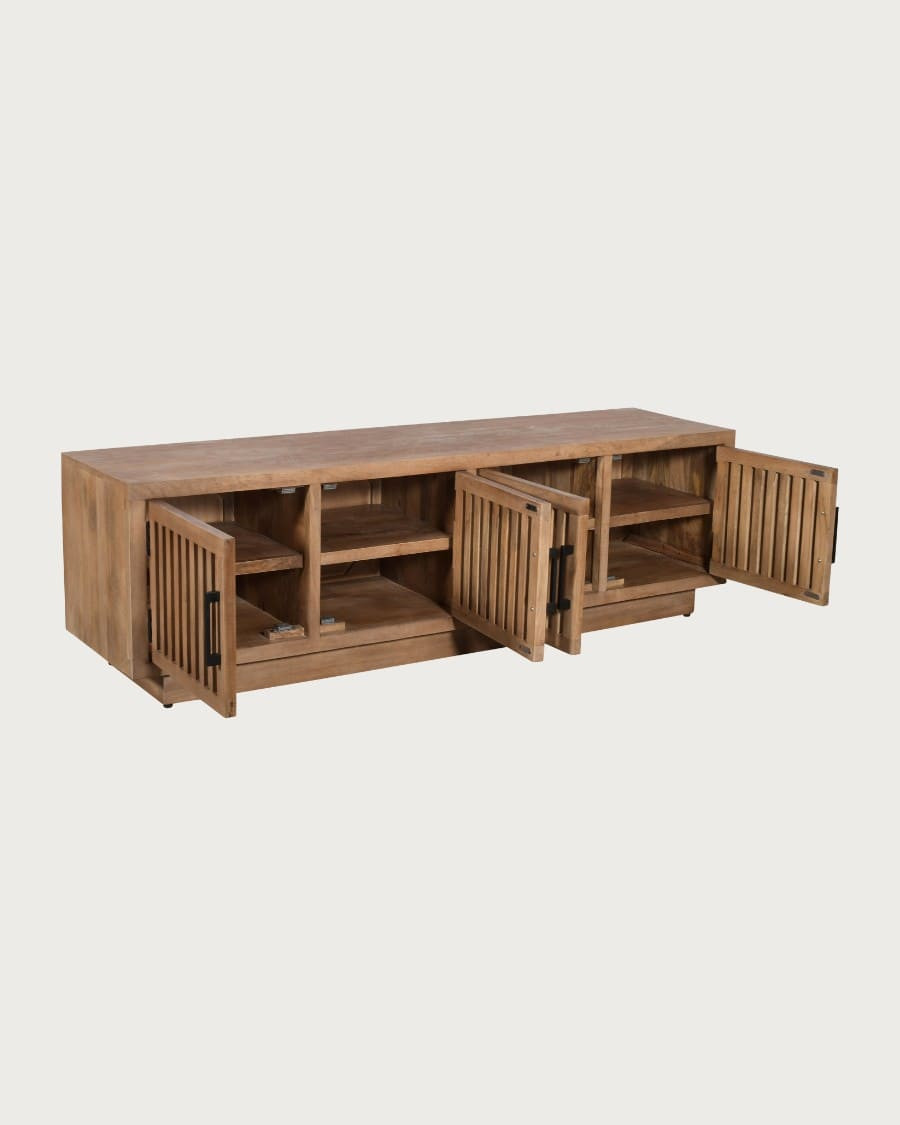 Lino - Mueble para TV de 4 puertas en madera maciza de mango, 180 cm