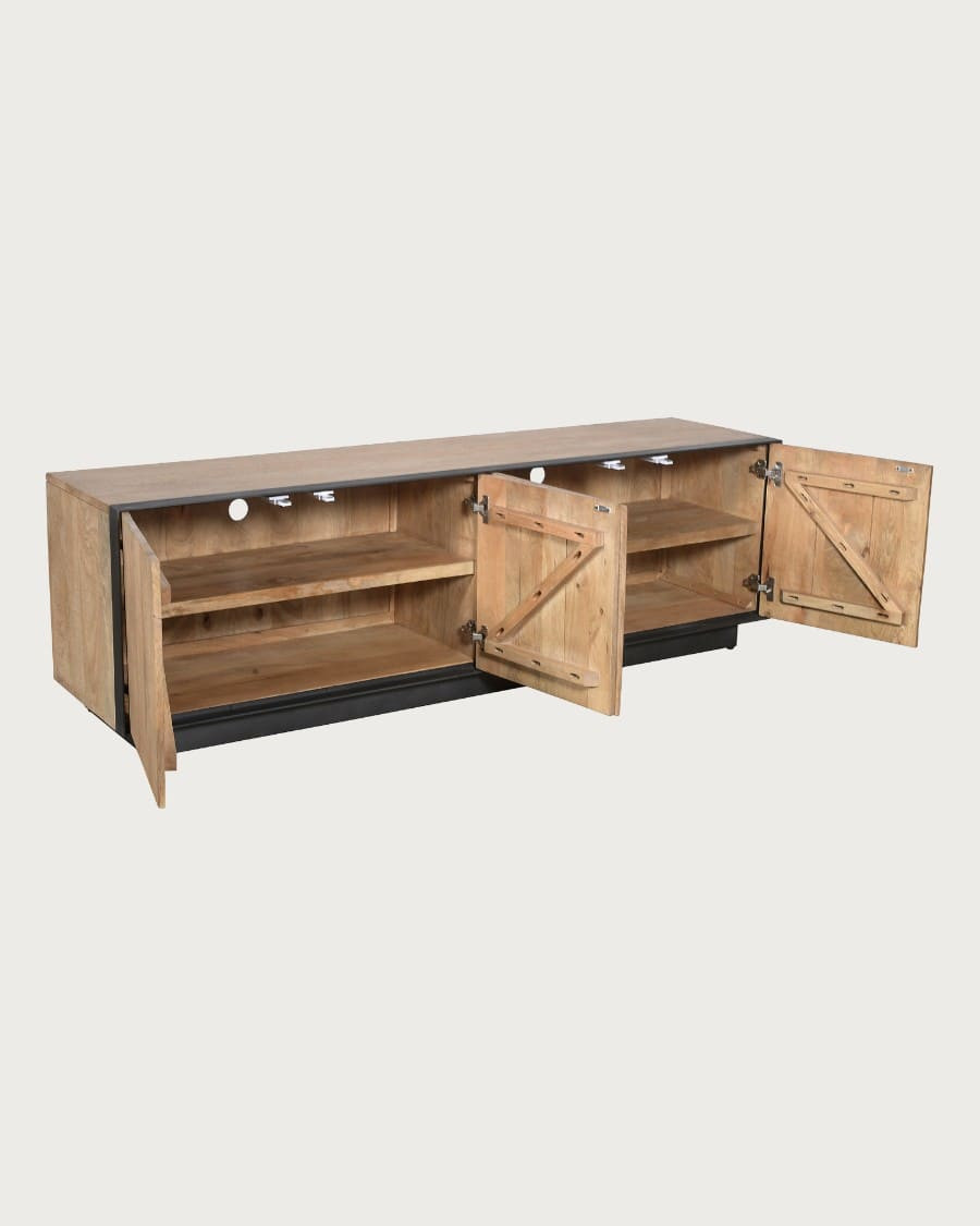 Koda - Mueble para TV de madera de mango con 4 puertas y metal