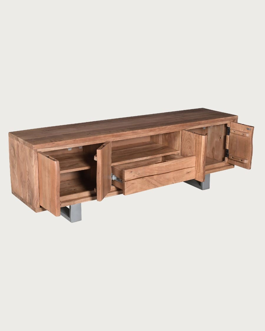 Tano - Mueble para TV de madera maciza de acacia con 4 puertas