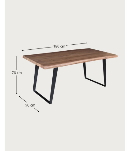 Nova - Mesa de comedor de madera maciza de acacia con base de metal negro.