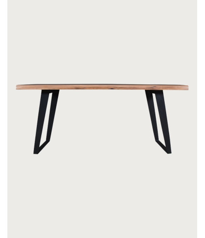 Nova - Mesa de comedor de madera maciza de acacia con base de metal negro.
