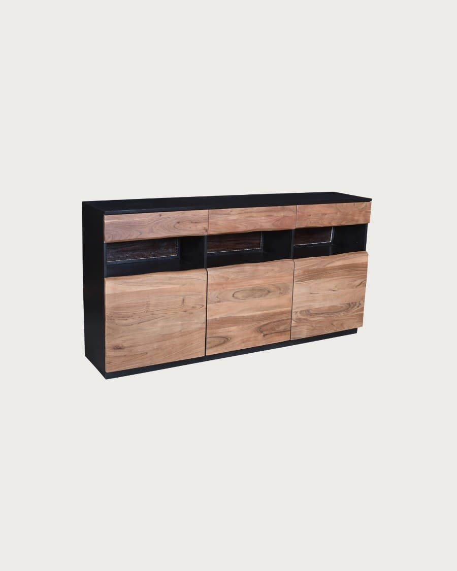 Axis - Credenza alta in legno di acacia live edge con illuminazione LED