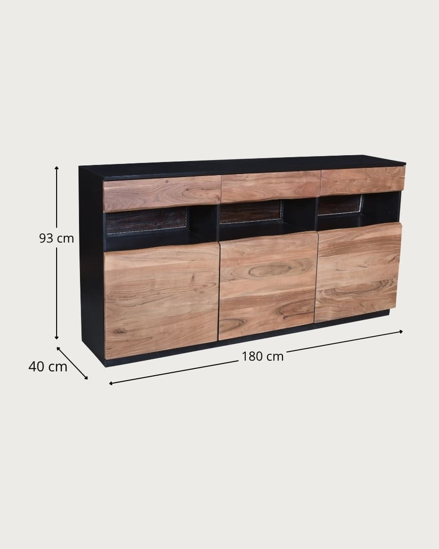 Axis - Credenza alta in legno di acacia live edge con illuminazione LED