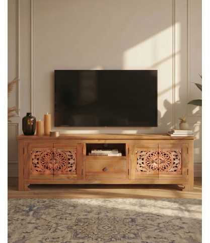 Oba - 160 cm großer, geschnitzter TV Ständer aus Teakholz