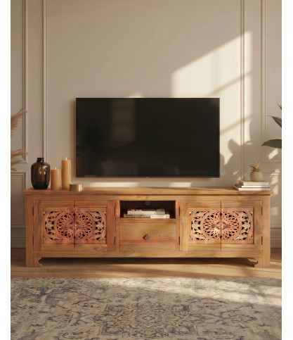 Oba - Meuble TV en teck sculpté 160 cm