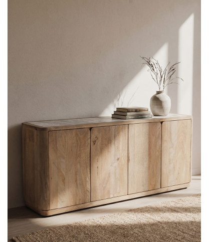 Low sideboard in solid mango wood and travertine