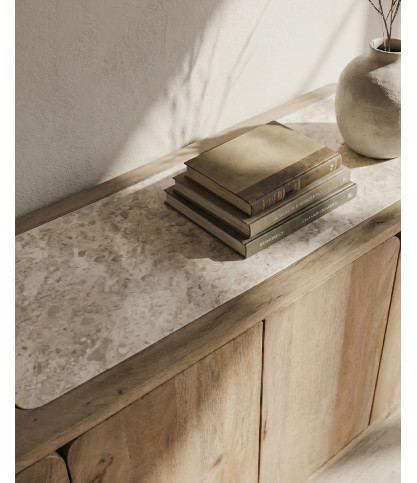 Aven - Low sideboard in solid mango wood and travertine