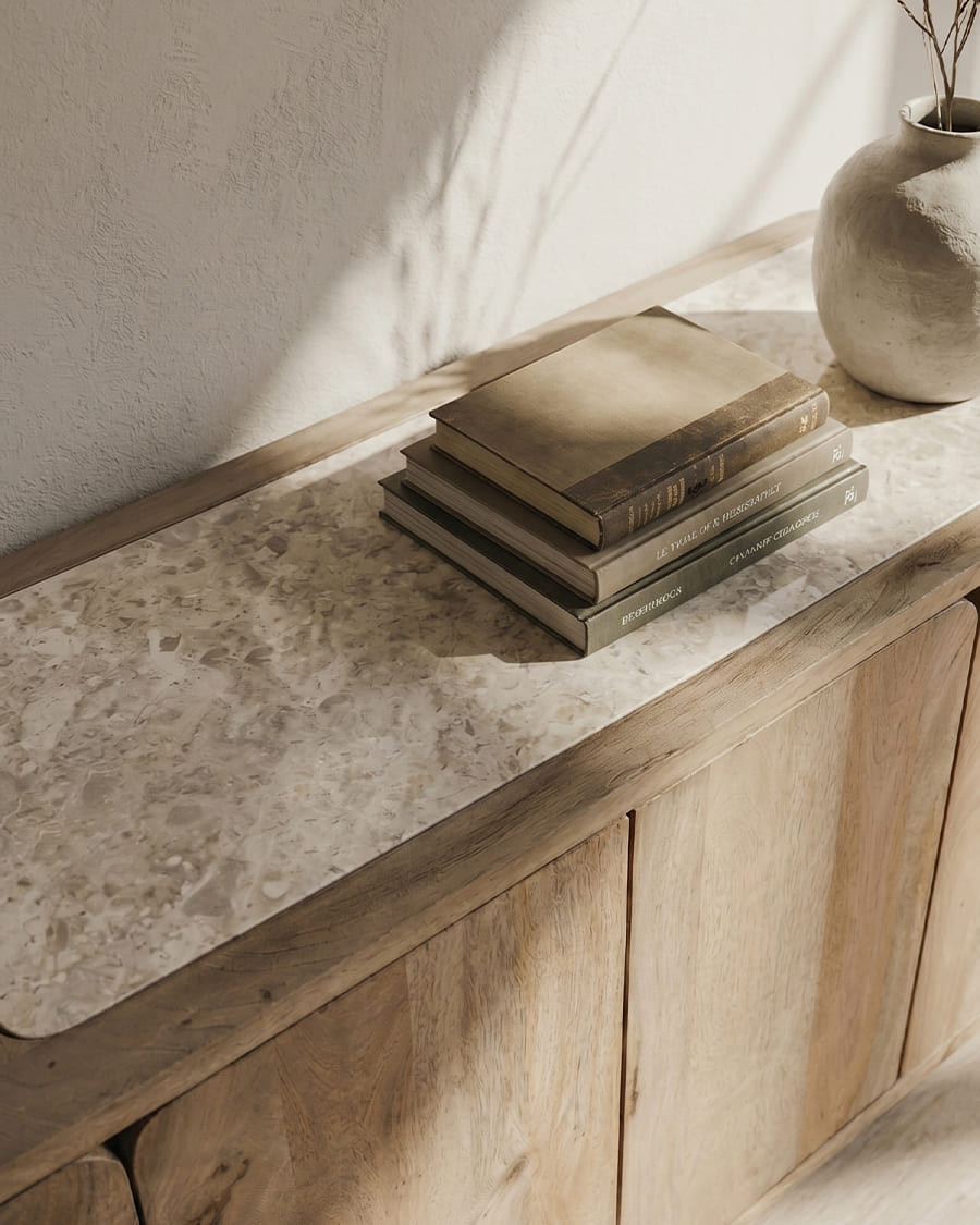 Aven - Aparador bajo de madera maciza de mango y travertino