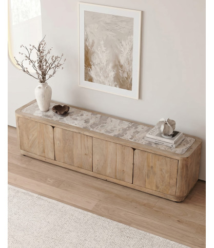 TV unit in solid mango wood and travertine