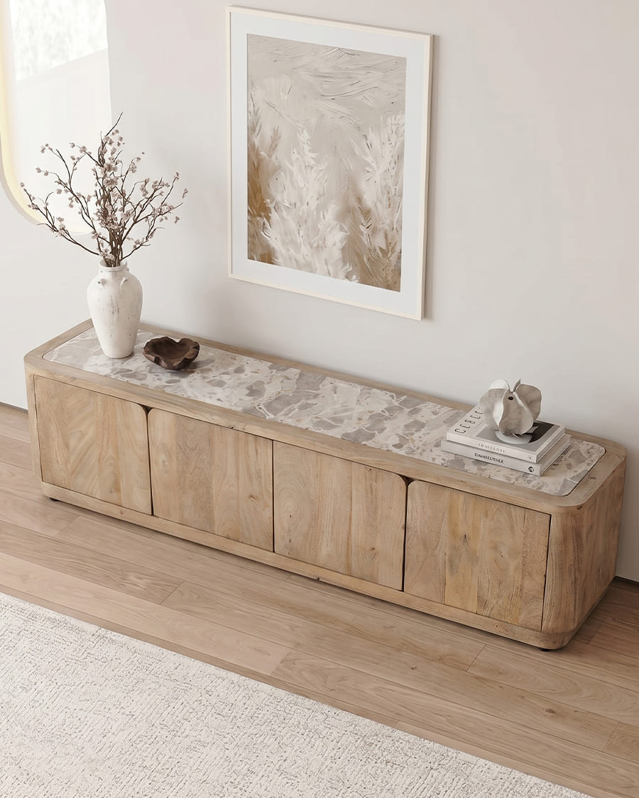 TV unit in solid mango wood and travertine