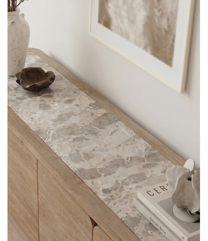 Aven - Mueble para TV en madera maciza de mango y travertino, 160 cm