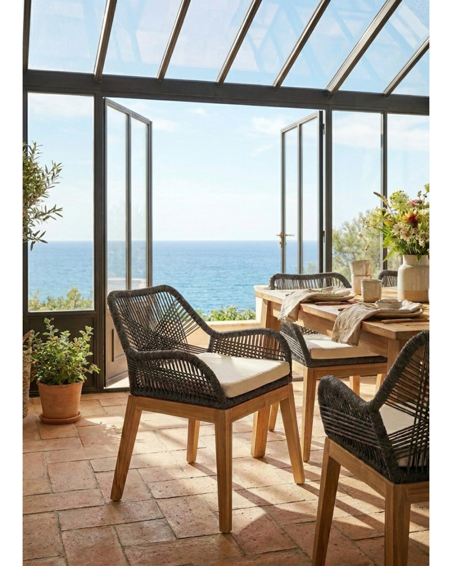 Santorini - Stoel van massief teakhout met grijs touw
