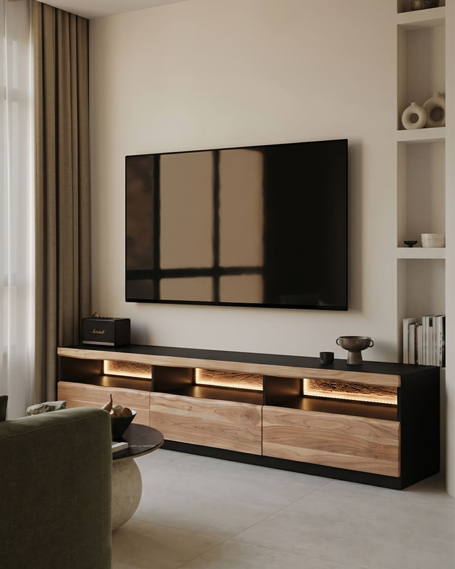 Mueble para TV de madera de acacia con iluminación LED