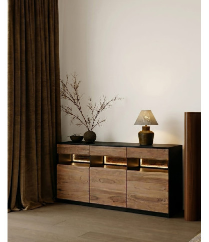 Axis - Aparador alto de madera de acacia live edge con iluminación LED