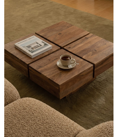 Mesa de centro cuadrada de madera maciza de acacia natural.