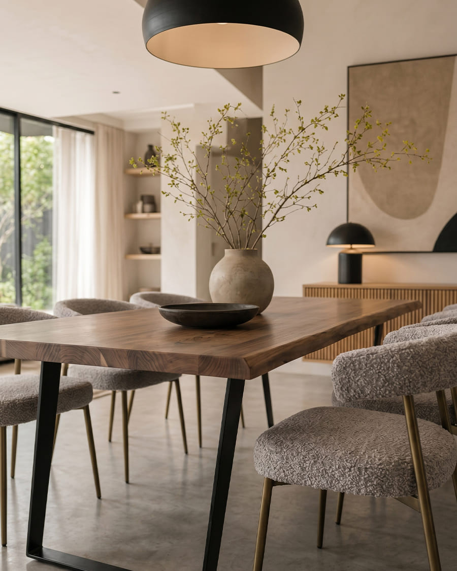Nova - Mesa de comedor de estilo industrial en madera maciza y metal negro.