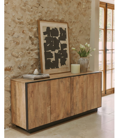 Koda - Aparador bajo de 4 puertas en madera de mango y metal.