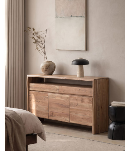 Hoher Sideboard aus massivem Akazienholz live edge mit 2 Schubladen und 3 Türen