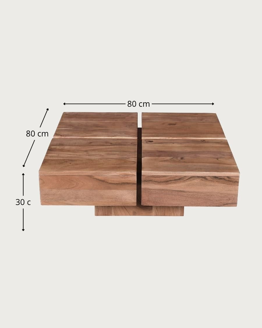 Pixo - Mesa de centro cuadrada de madera maciza de acacia natural.