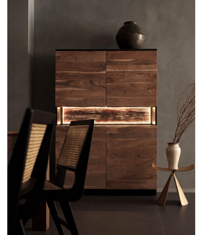 Leo - Buffet haut en bois d’acacia avec éclairage LED