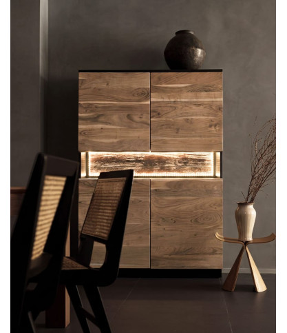 Leo - High acacia wood sideboard with LED lighting