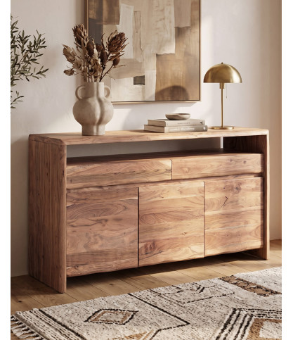 Ella - Hoher Sideboard aus massivem Akazienholz live edge mit 2 Schubladen und 3 Türen