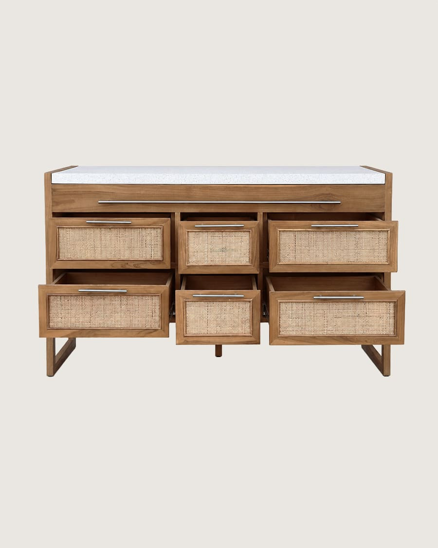 Sahara - Mueble de baño en teca y terrazo beige, 145 cm