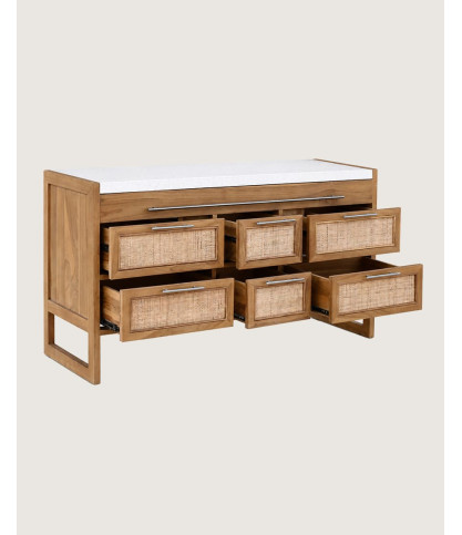 Sahara - Mueble de baño en teca y terrazo beige, 145 cm