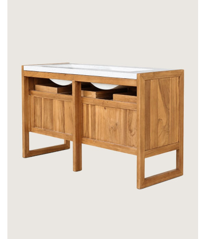 Sahara - Mueble de baño en teca y terrazo beige, 145 cm