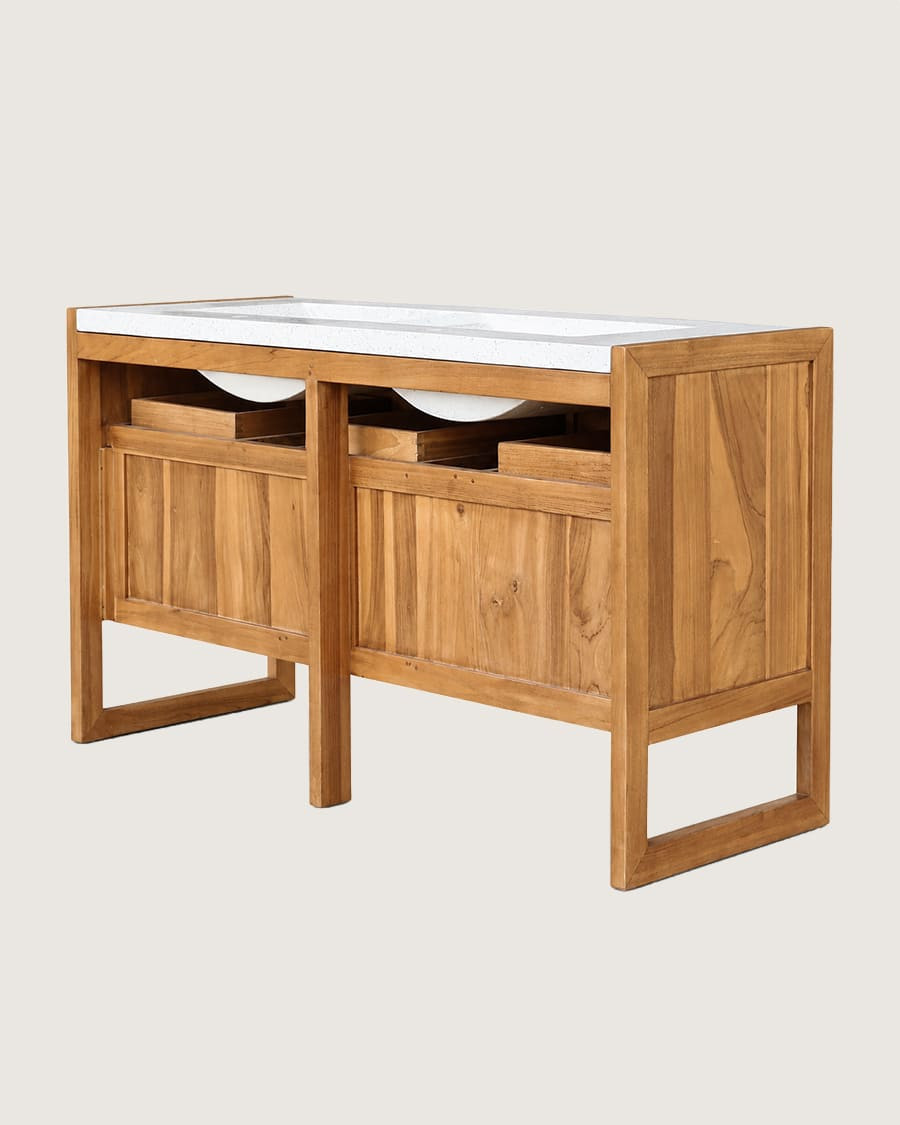 Sahara - Mueble de baño en teca y terrazo beige, 145 cm