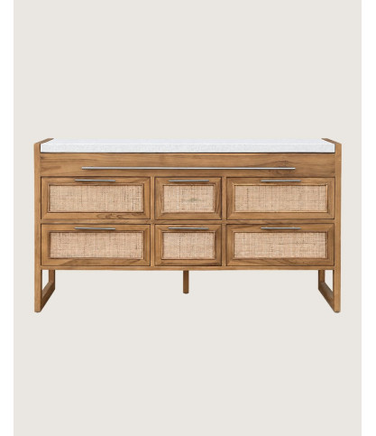 Sahara - Mueble de baño en teca y terrazo beige, 145 cm