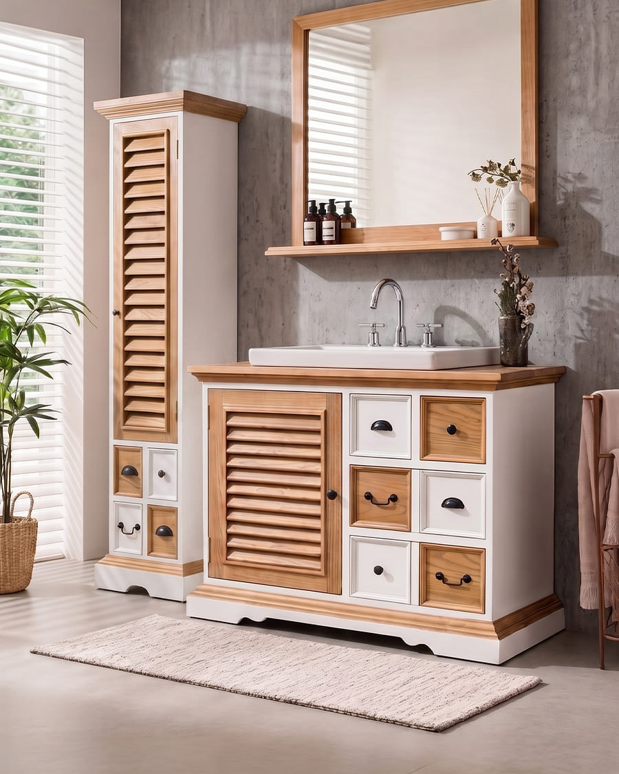 Meuble de salle de bain Inda en bois massif, blanc et naturel, 6 tiroirs Meuble de salle de bain Inda en bois massif, blanc et naturel, 6 tiroirs