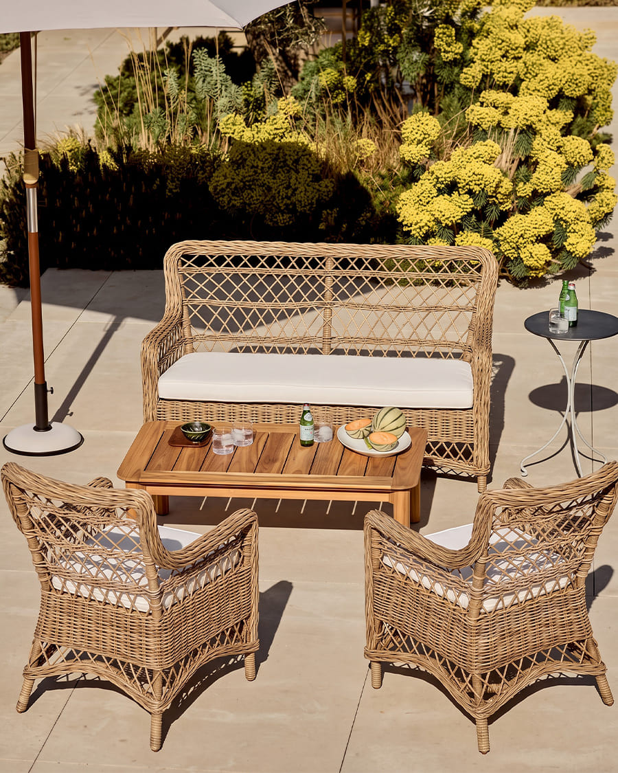 Asana - Conjunto de muebles de jardín de ratán con 1 banco y 2 sillones.