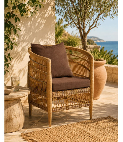 Lusso - Brown rattan garden armchair with removable seat cushion