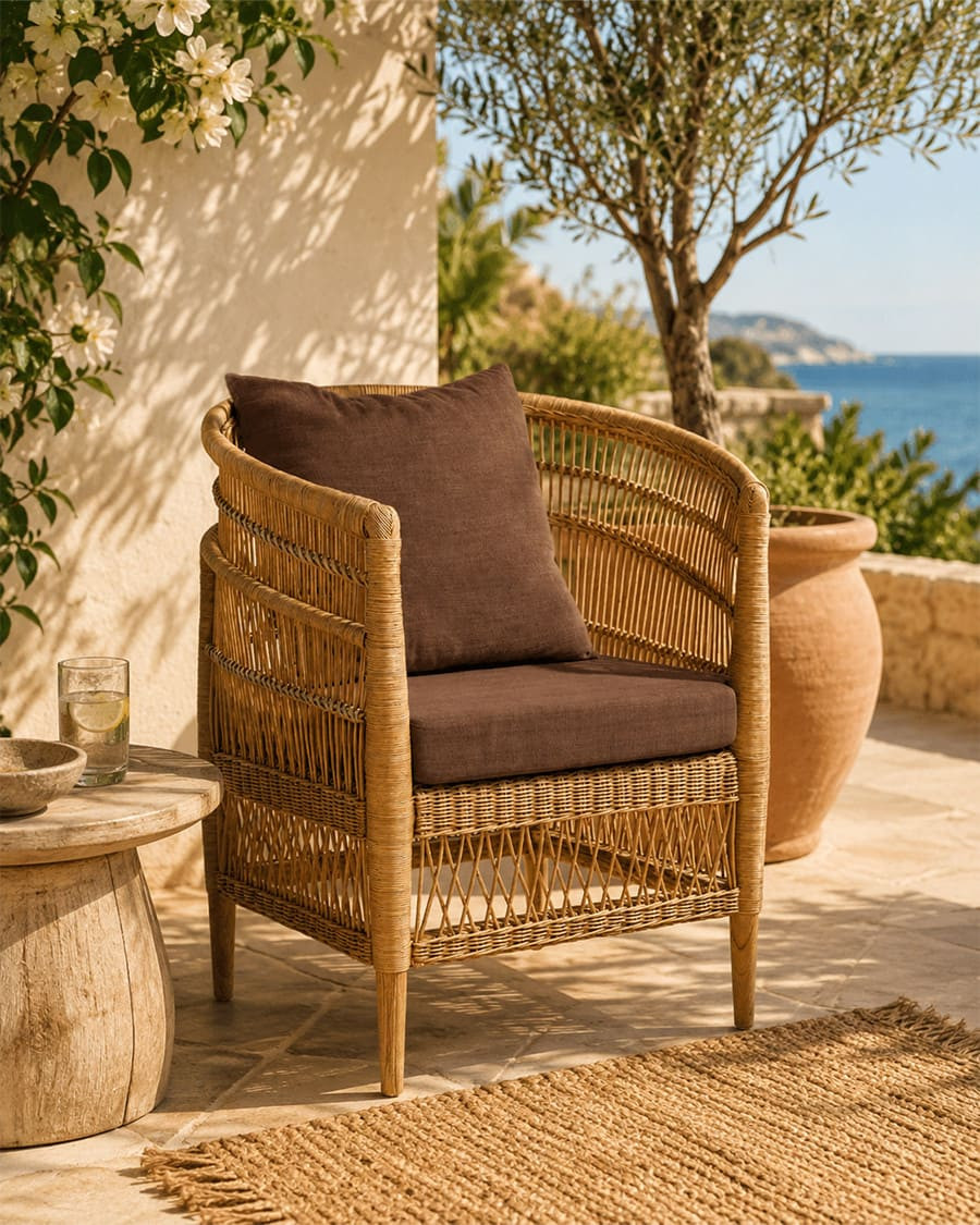 Lusso - Brown rattan garden armchair with removable seat cushion